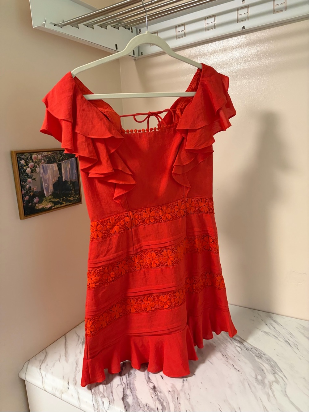 Saints + Secrets Orange Floral Lace Ruffle Cold Shoulder Mini Dress - L